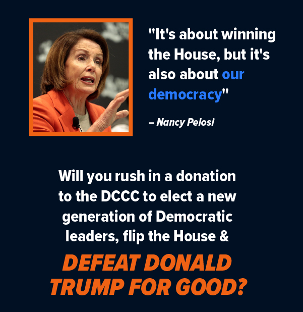 Nancy Pelosi: 'It's about winning the House, but it's also about our democracy' Will you rush in a donation to the DCCC to elect a new generation of Democratic leaders, flip the House & defeat Donald Trump FOR GOOD?